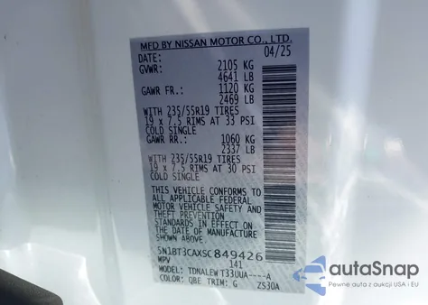 2025 Nissan Rogue Sl Fwd from USA, damaged, VIN 5N1BT3CAXSC849426